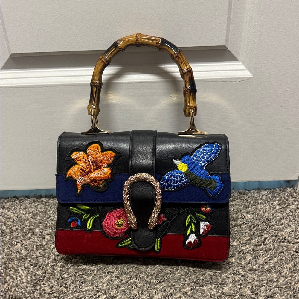 Black Multicolor Embroidered Top-Handle Bag with Bamboo Handle